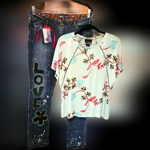 PreLoved "LIV LOS ANGELES" Floral Embroidered Ruffle sleeve Summer Top ~Size LG